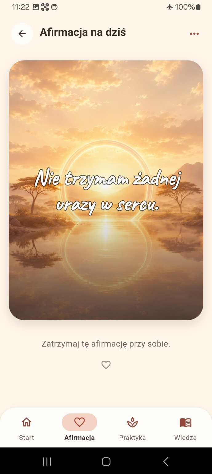 Ekran afirmacji dnia w aplikacji Przekonania – Happy Life