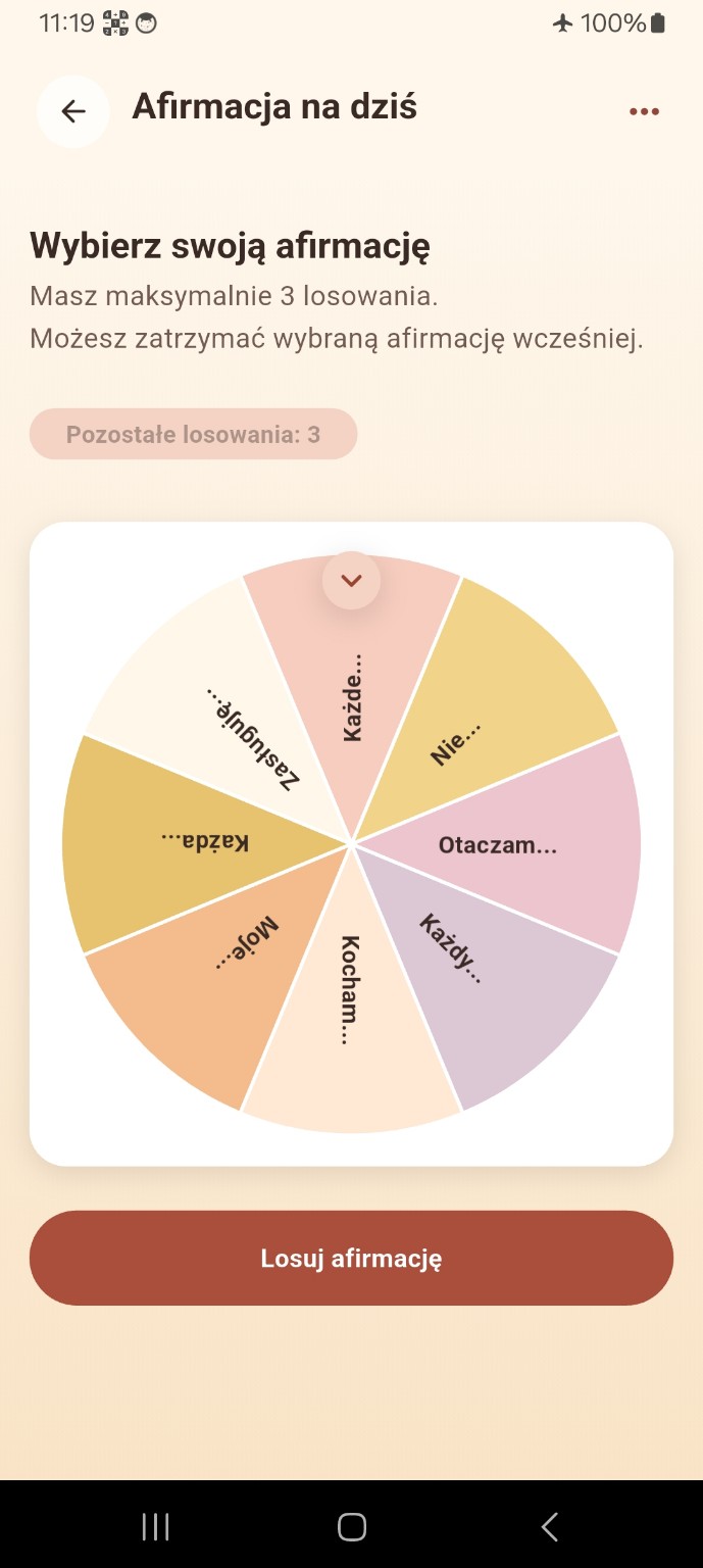 Ekran aplikacji Przekonania – Happy Life z kołem afirmacji