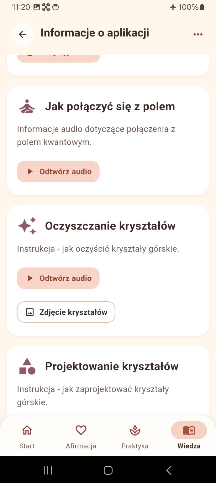 Ekran informacji o pracy z polem kwantowym w aplikacji