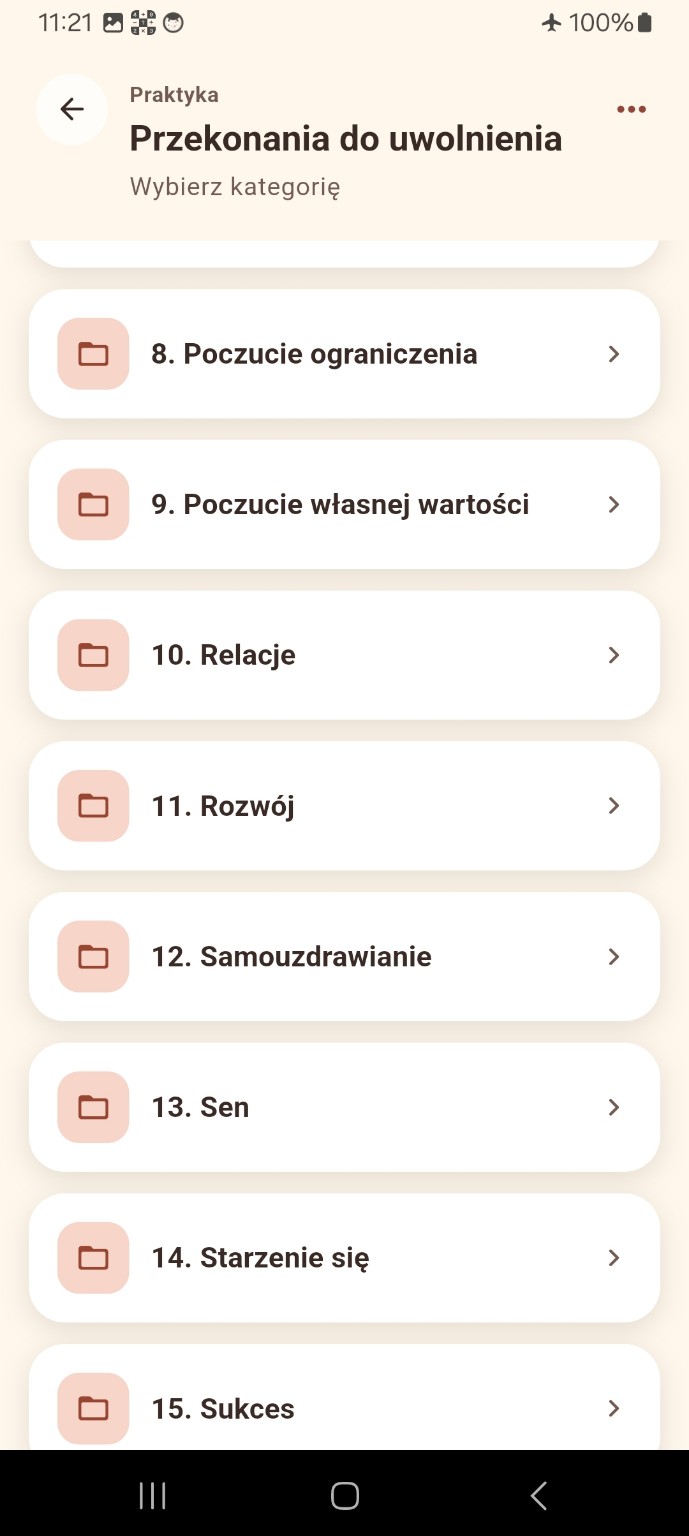 Lista kategorii przekonań do uwolnienia w aplikacji